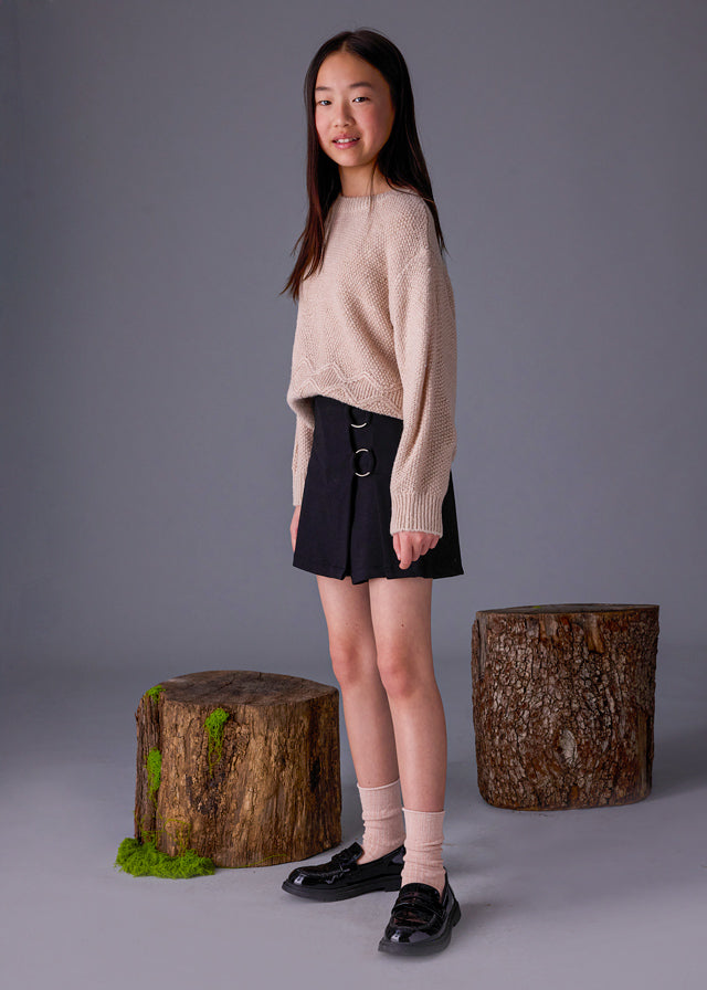 Mayoral Older Girls Black Skort & Long Sleeved Ivory & Black Top - 7017 & 7907