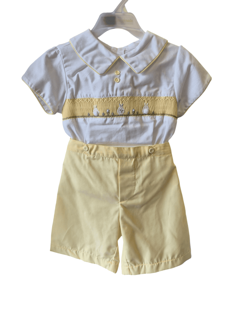 Pretty Originals Boys Smocked Easter Outfit - Lemon & White With Bunny Rabbits - MT02205