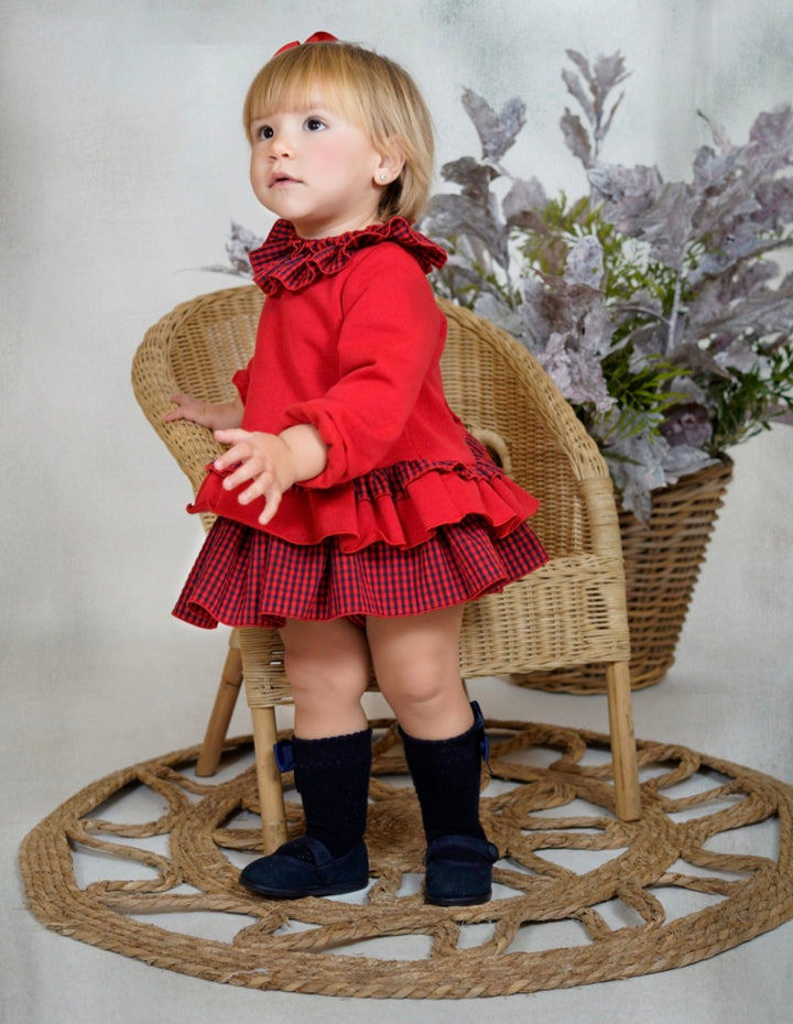 Petit Dbb Girls Red & Navy Check Jumper & Jam Pants Set With Skirt - 25804