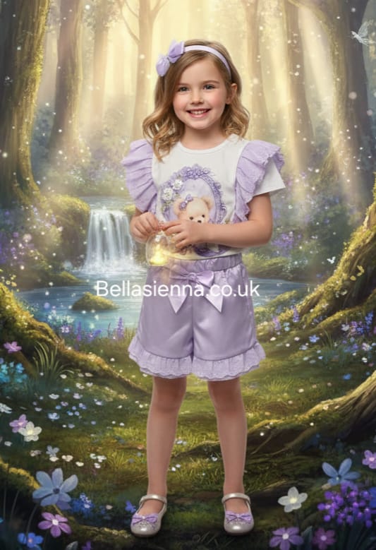 Diamond Stone Girls Lilac & White "Teddy In The Mirror" Shorts Set With Matching Headband YG-37