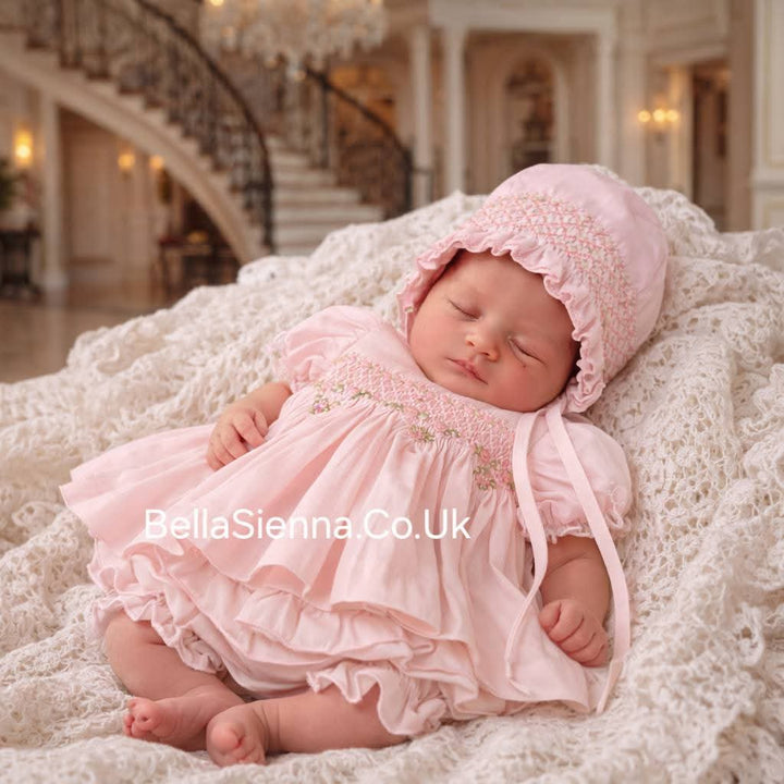 Luxury "Bella Sienna Exclusive" Pink Smocked Dress & Frilly Pants With Matching Smocked Bonnet