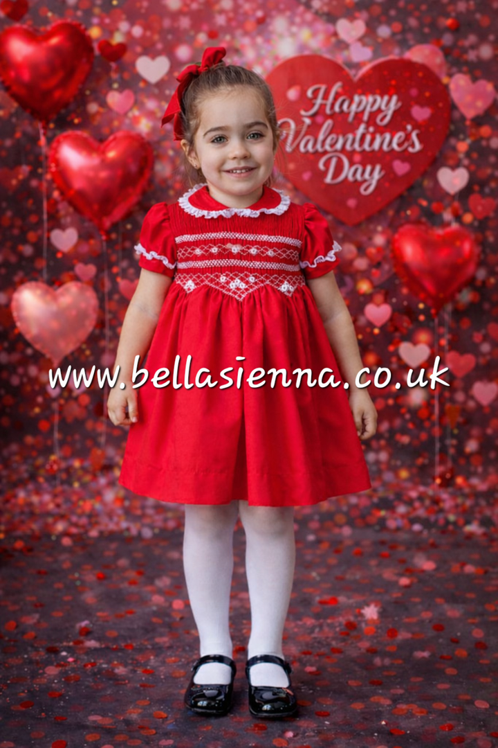 Naxos Red & White Hand Smocked Dress With Bow On The Back - 7624