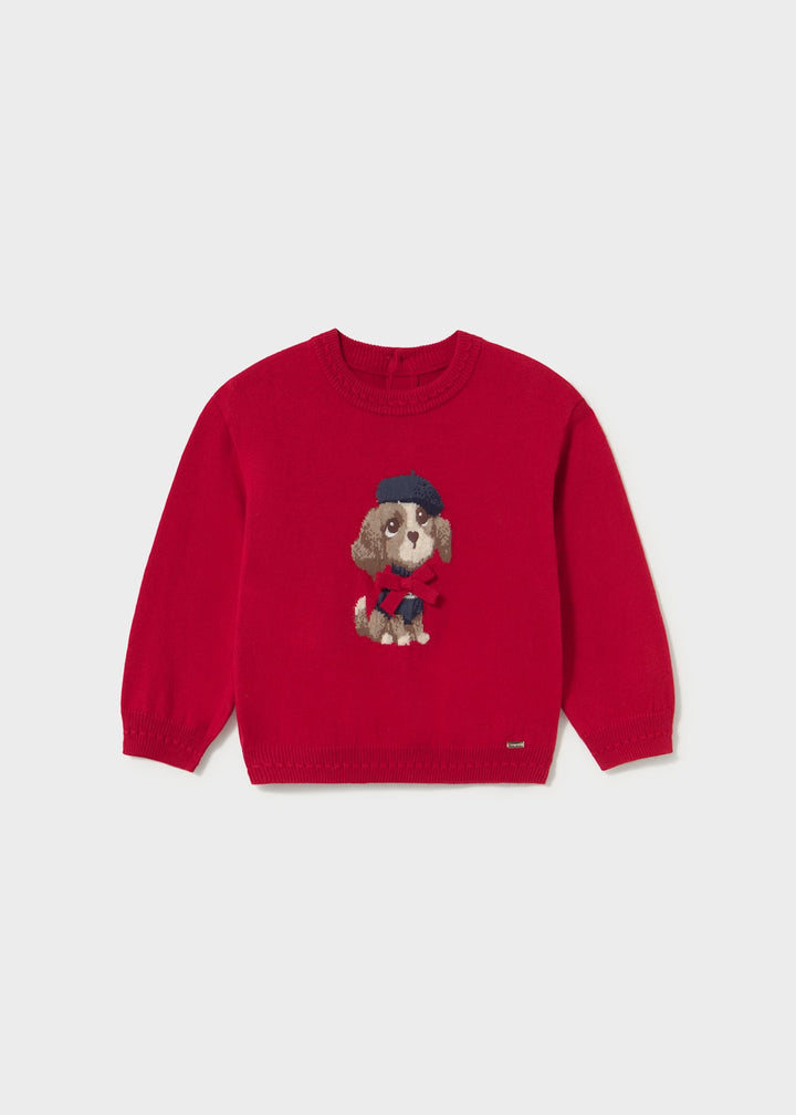 Mayoral Girl Red "Puppy Dog" Jumper With Bow & Navy Twill Shorts - 2385 & 2202