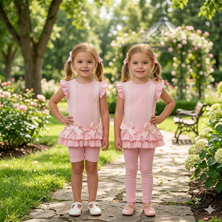 HARRIS KIDS "Savannah" Girls Ribbed Frilly Ruffle & Bow 3 Piece Set - Pink