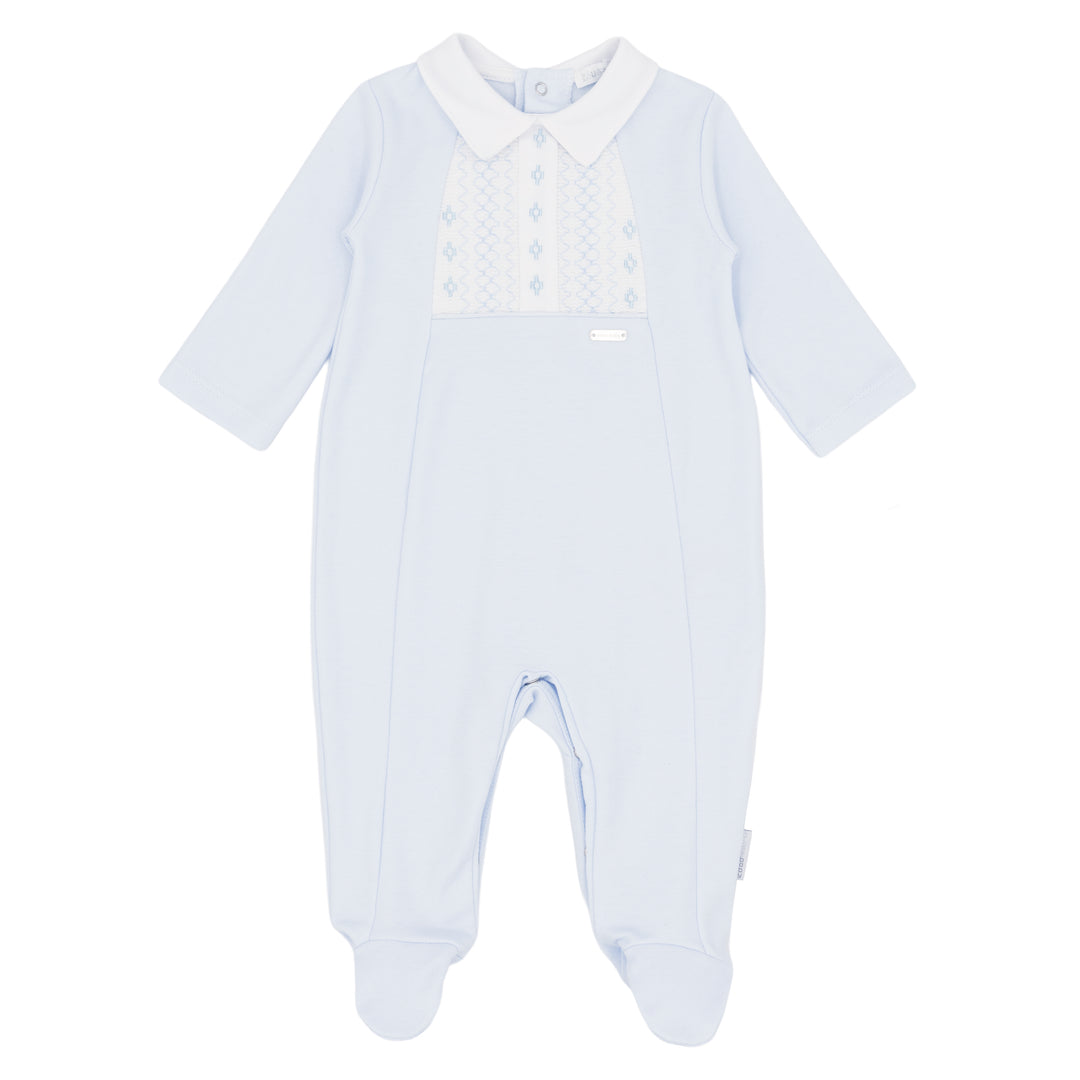 Blues Baby Blue & White Smocked & Embroidered All In One Babygrow - BB2277