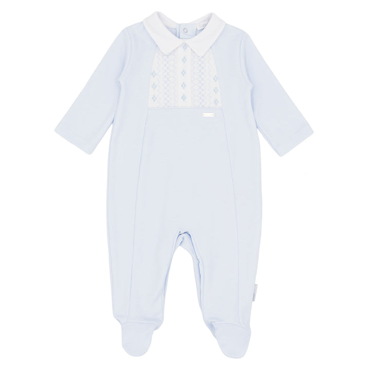 Blues Baby Blue & White Smocked & Embroidered All In One Babygrow - BB2277