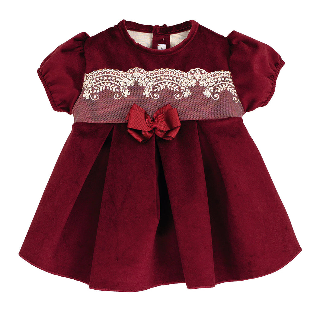 Calamaro Girls Burgundy Velvet Dress With Lace Detail & Bow - 21314
