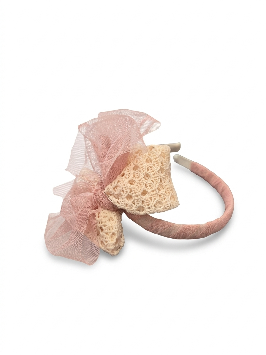 Basmarti Girls Ivory Crochet Headband With Tulle Bow