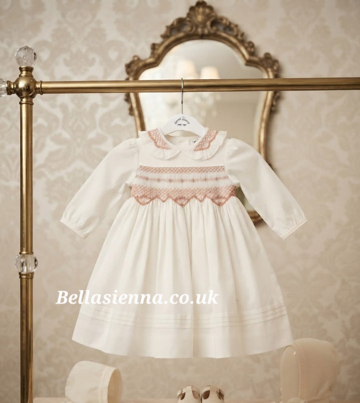 Sarah Louise Girl Ivory & Dusky Pink Hand Smocked Dress - 013963