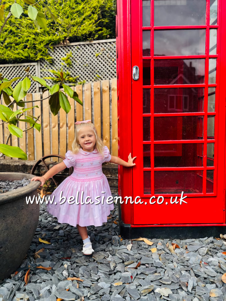 Luxury "Bella Sienna Exclusive" Pink Front & Back Smocked Dress With Built In Underskirt & Matching Hair Band Or Clip & Pants