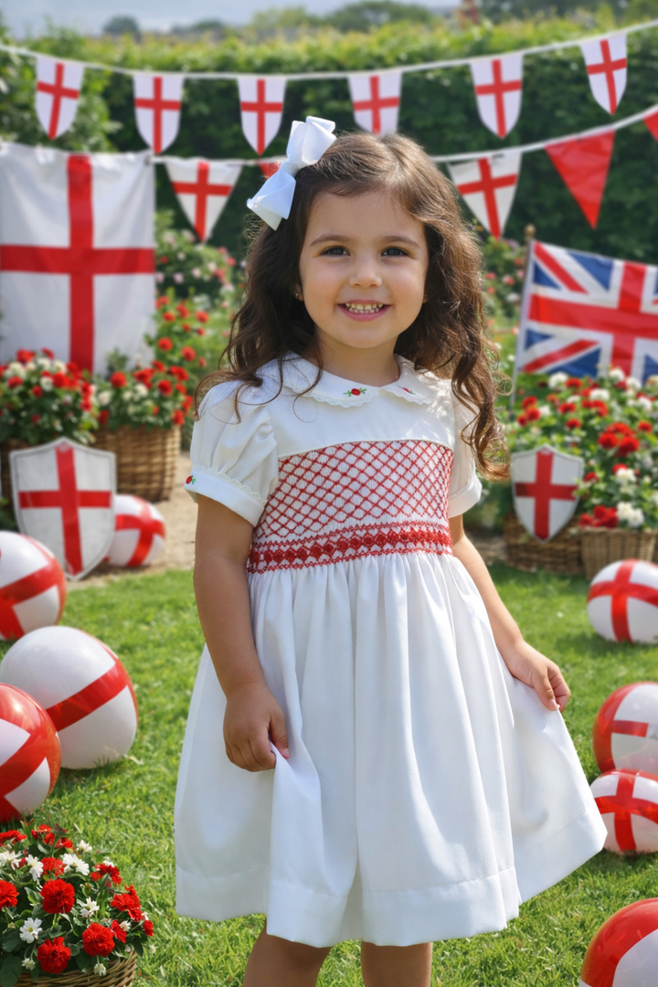 Luxury "Bella Sienna Exclusive" White & Red Front & Back Smocked Dress With Built In Underskirt & Matching Hair Band Or Clip & Pants