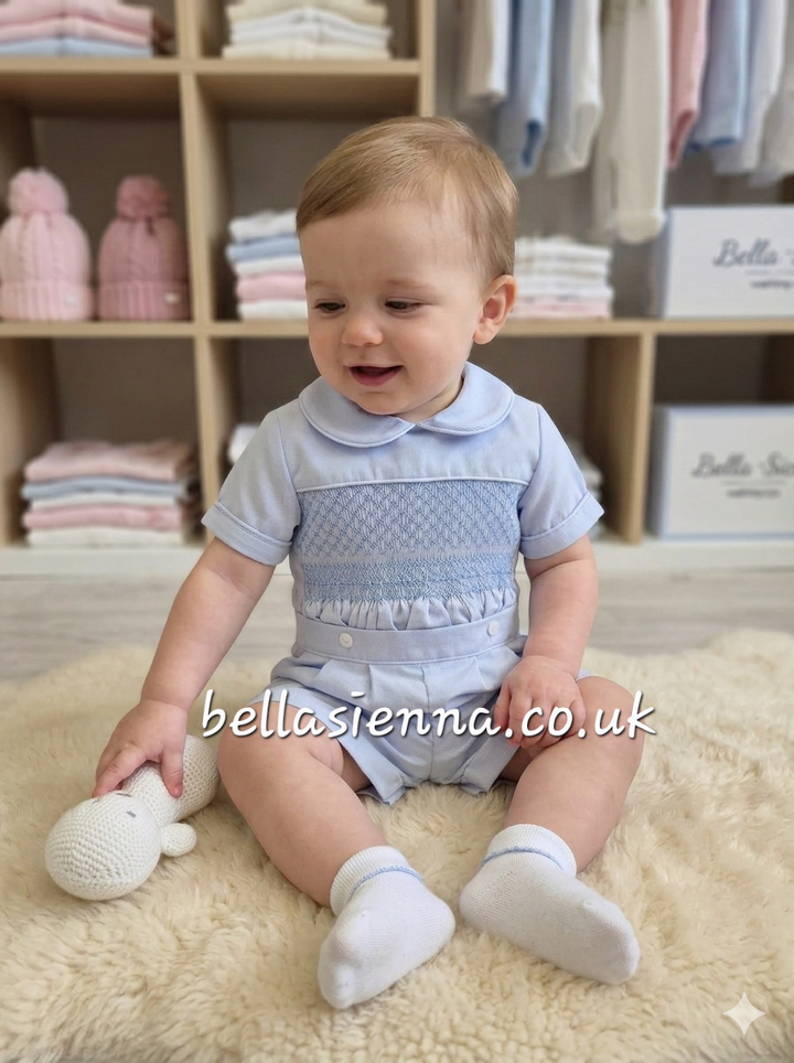 Luxury "Bella Sienna Exclusive" Baby Blue Smocked Boys Outfit