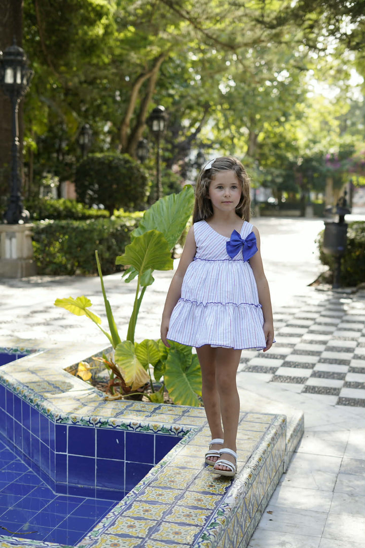 Dbb Collection Girls Striped Dress With Big Blue Bows - 27202
