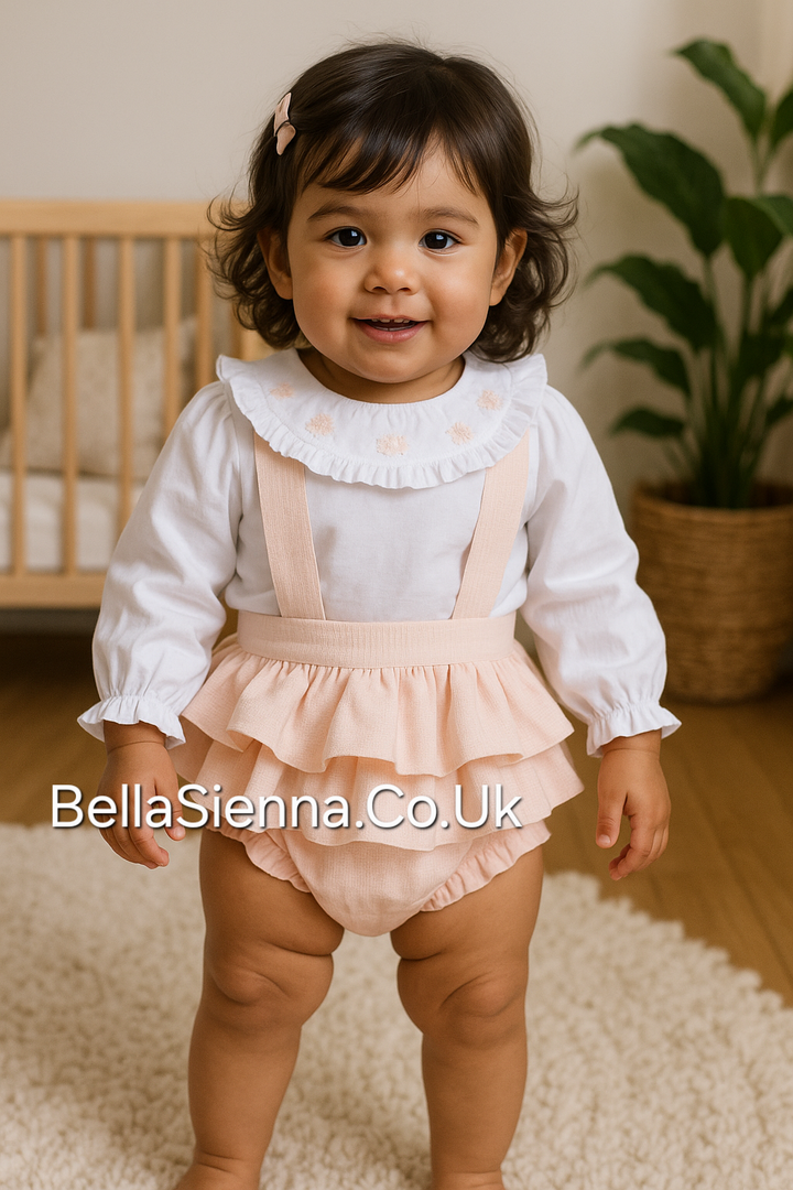 Deolinda Baby Girls Frilly Jam Pants Dungaree Set With Smocked Blouse - DBI25609