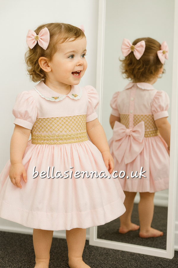 Luxury "Bella Sienna Exclusive" Pink & Beige Front & Back Smocked Dress With Built In Underskirt & Matching Hair Band Or Clip & Pants