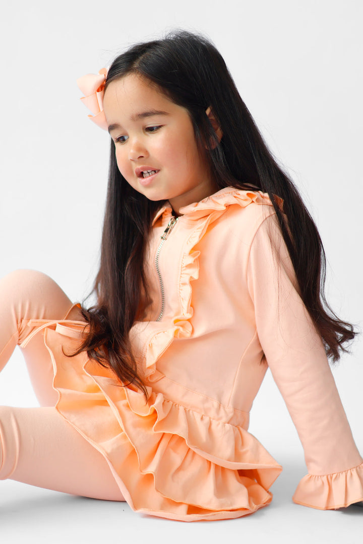 Harris Kids "Fern" Girls Frilly Ruffle Hem Tracksuit - Peach