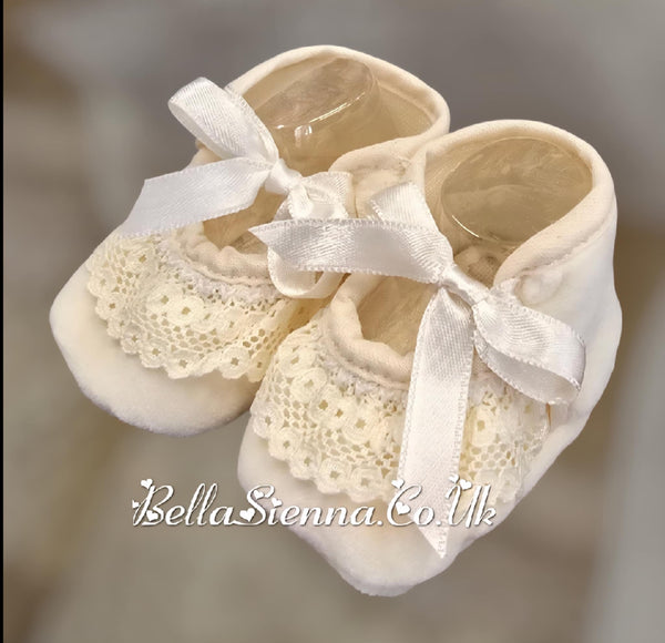 Bella Sienna Ivory Velour Baby Shoes With Lace Trim - 55