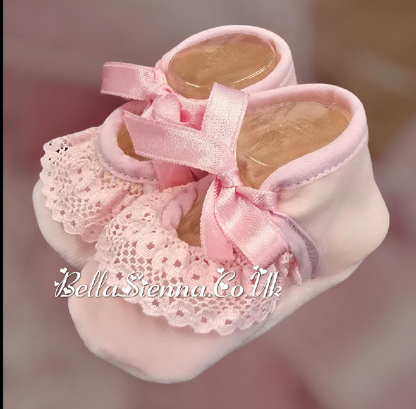 Bella Sienna Pink Velour Baby Shoes With Lace Trim - 55