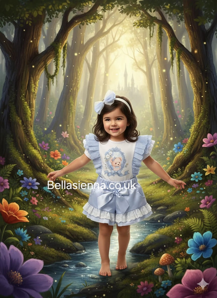 Diamond Stone Girls Blue & White "Teddy In The Mirror" Shorts Set With Matching Headband YG-37