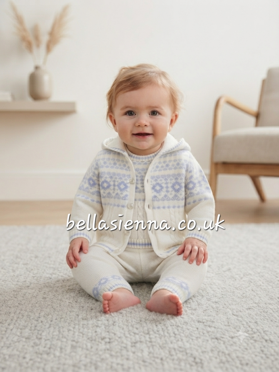 Sarah Louise Boys Winter Ivory & Blue Chunky Knitted Jacket - Cardigan - 008267