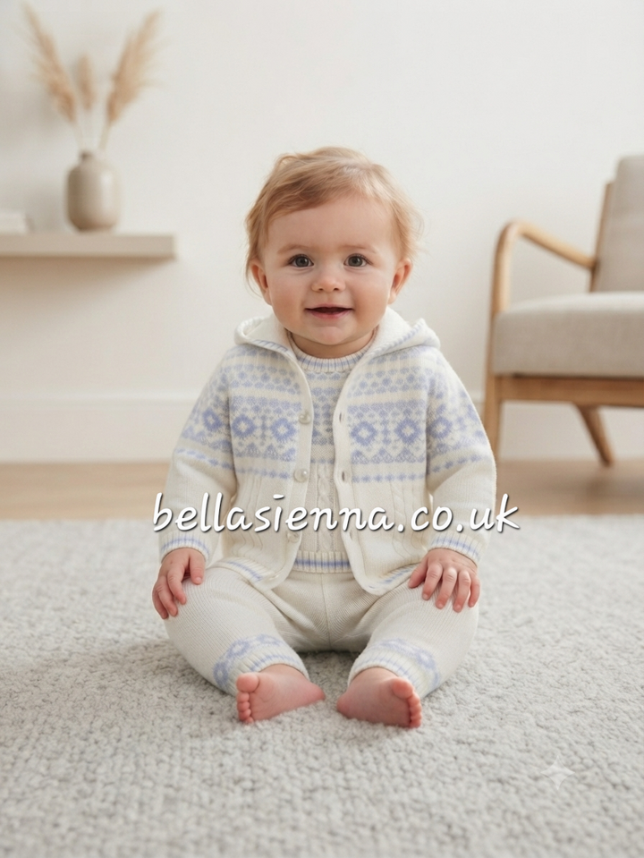 Sarah Louise Boys Winter Ivory & Blue Chunky Knitted Jacket - Cardigan - 008267