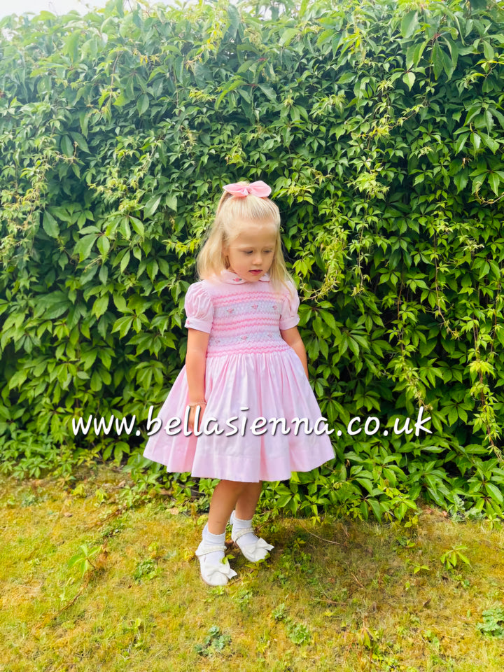 Luxury "Bella Sienna Exclusive" Pink Front & Back Smocked Dress With Built In Underskirt & Matching Hair Band Or Clip & Pants