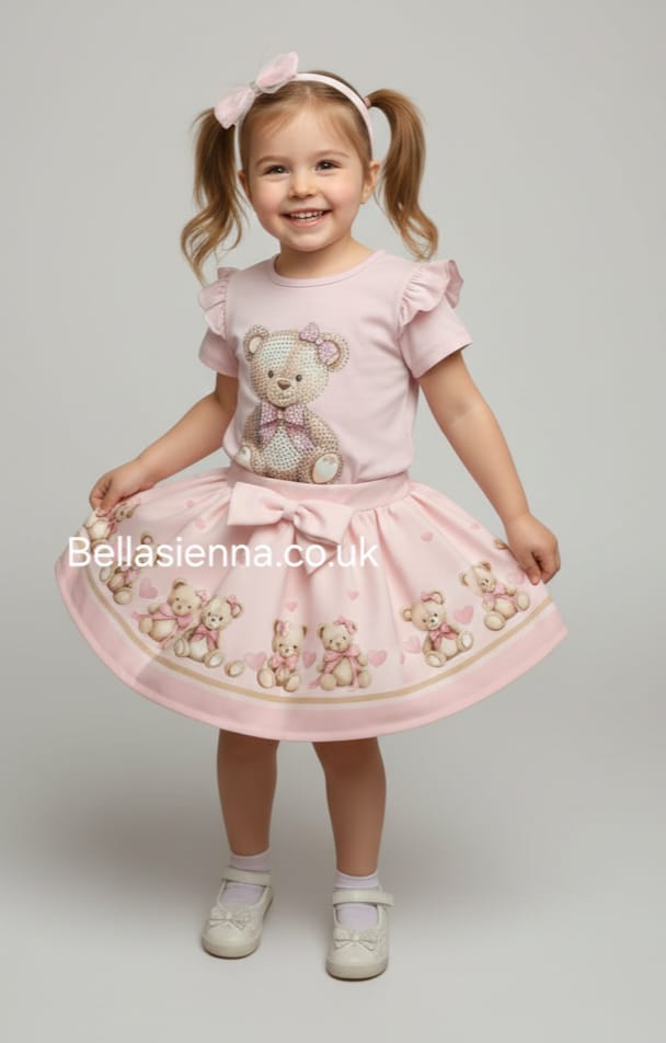 Diamond Stone Girls Pink "Teddy Bear" Skirt Set With Matching Headband - YG-33