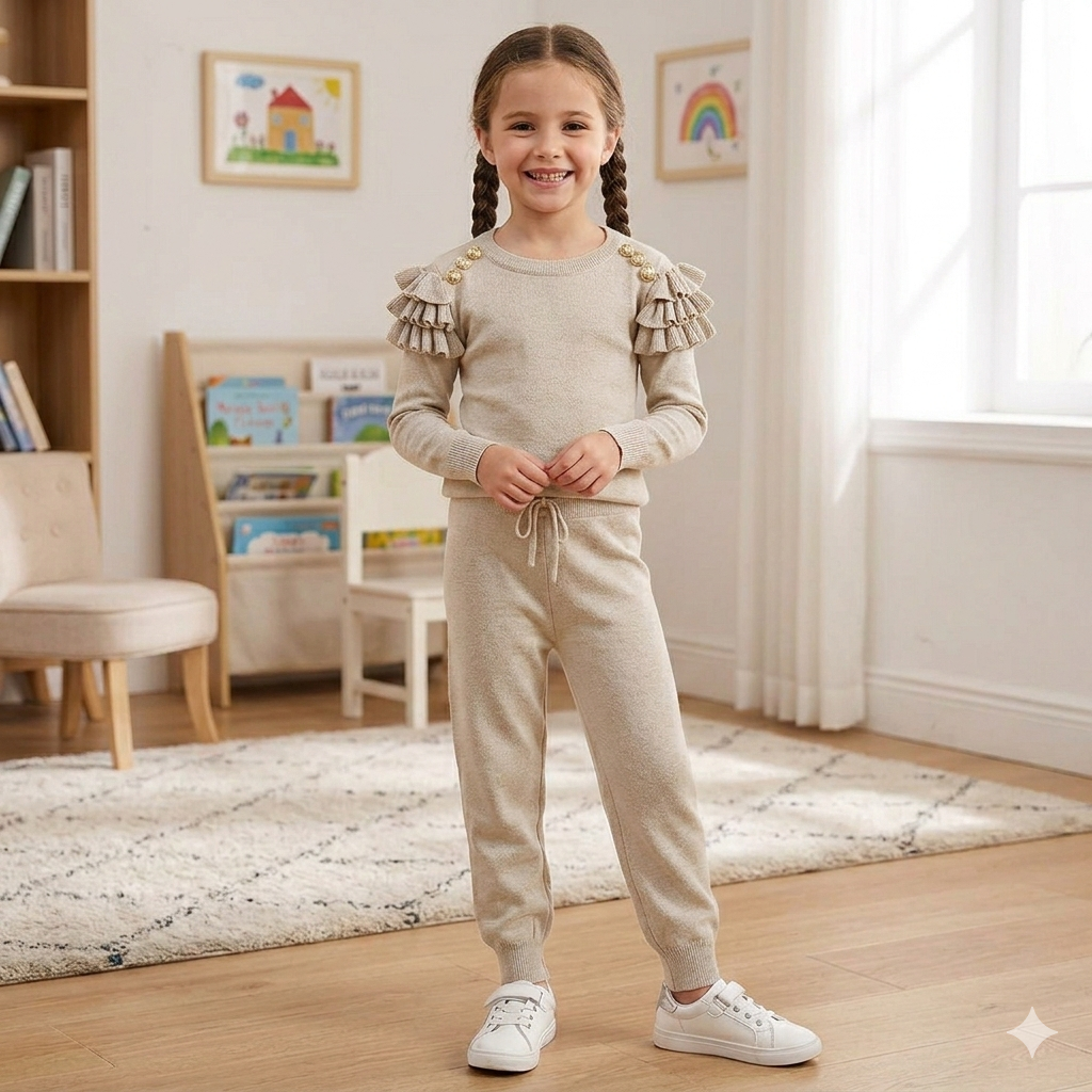 Beige 2 Piece Ruffle Frill Co-ord Lounge Set - 3004