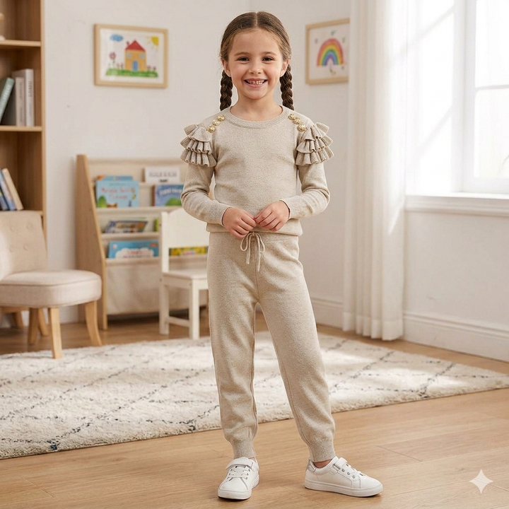 Beige 2 Piece Ruffle Frill Co-ord Lounge Set - 3004