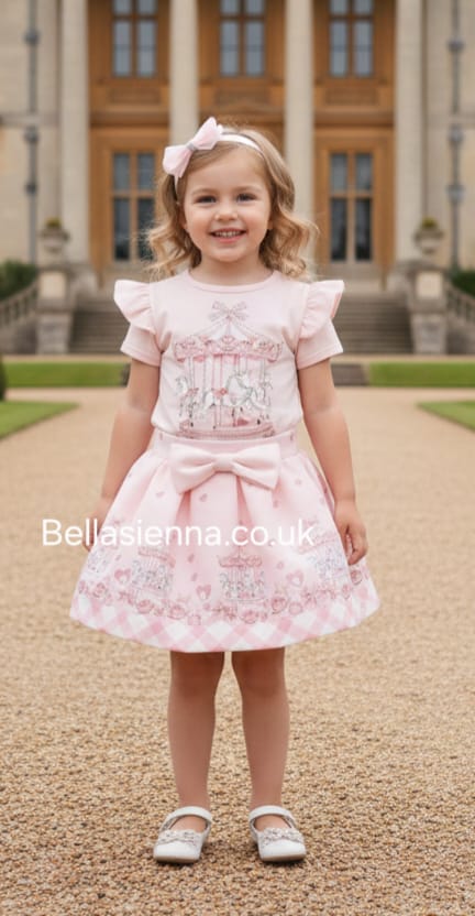 Diamond Stone Girls Pink "Carousel" Skirt Set With Matching Headband - YG-34