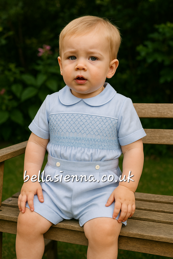Luxury "Bella Sienna Exclusive" Baby Blue Smocked Boys Outfit