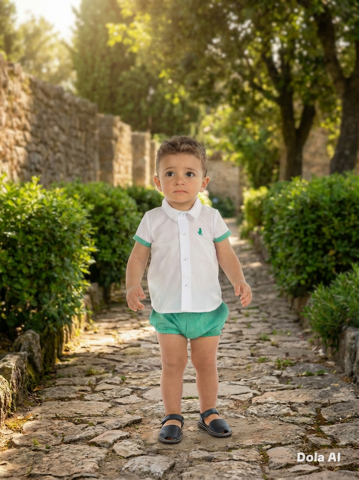 Alber Boys White Shirt & Green Jam Pants Set - 3053