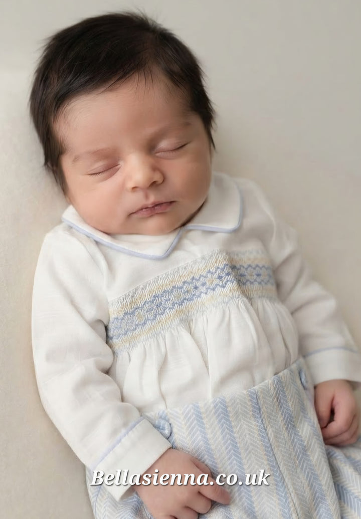 Pretty Originals Boys Pale Blue Herringbone Hand Smocked Two Piece Outfit - DL08183