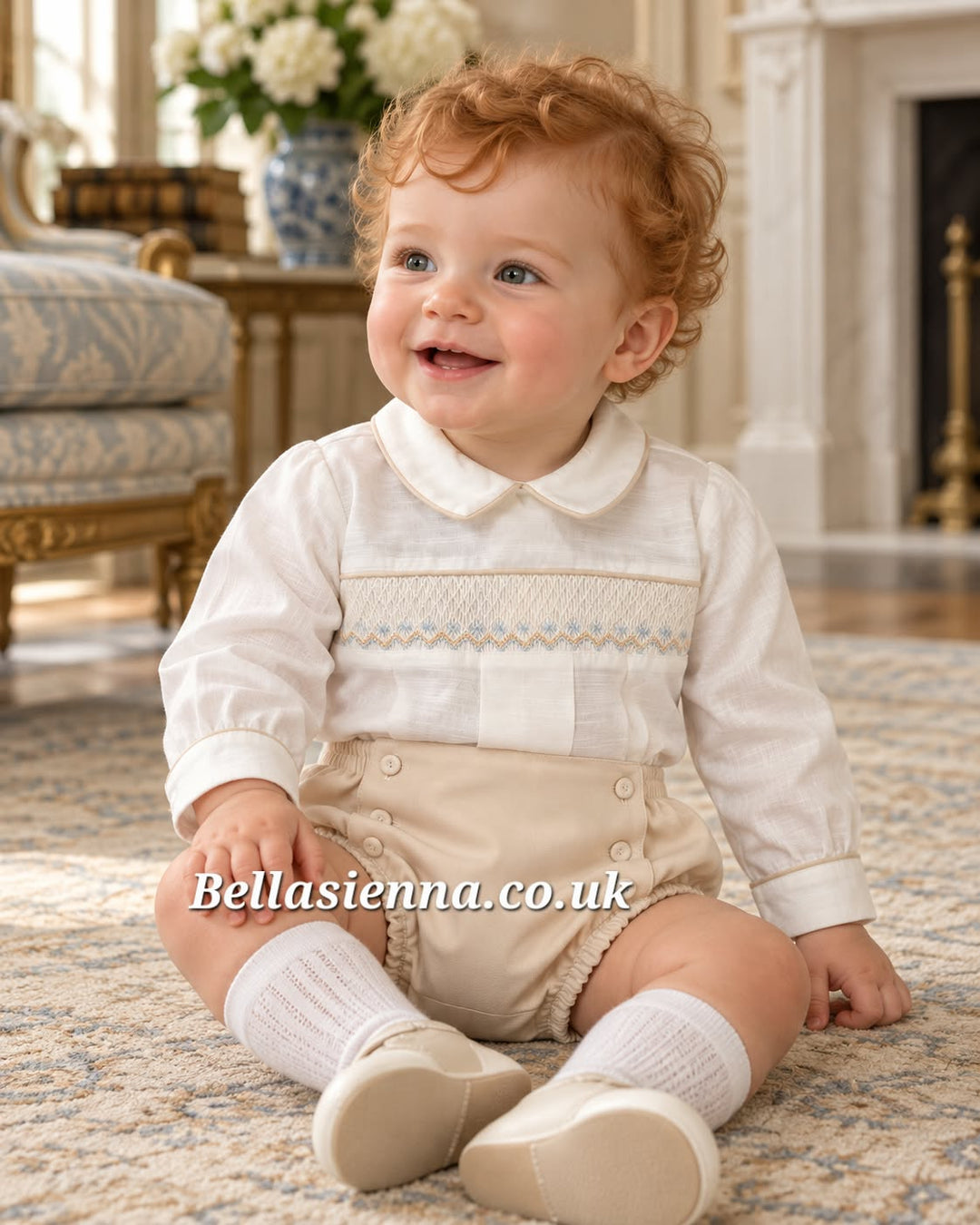 Pretty Originals Boys Ivory, Beige & Blue Hand Smocked Outfit - DL08195N2