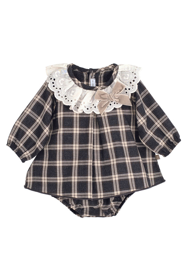 Calamaro Baby Girls Beige Check Dress & Pants Set - 22101