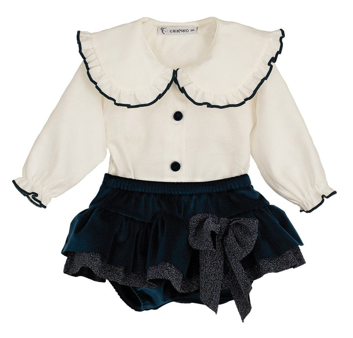 Calamaro Girls Blouse & Navy Velvet Skort With Sparkly Detail - 11260