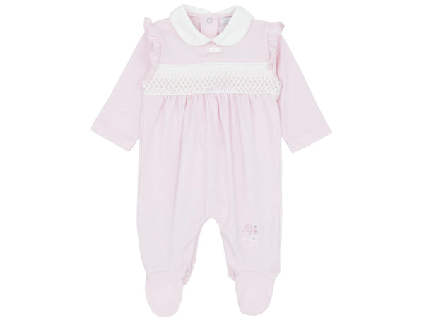 Girls Pink & White Smocked All In One Babygrow Sleepsuit - AM0026