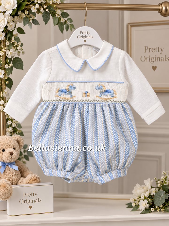 Pretty Originals Boys Pale Blue Herringbone Hand Smocked Romper With Embroidered Rocking Horses - DL62413
