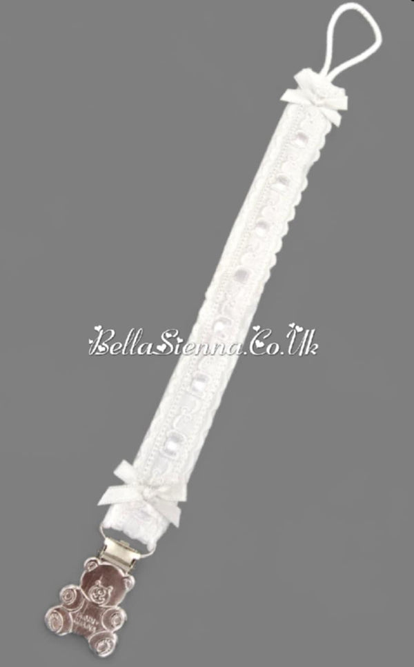 White Lace & Ribbon Dummy Chain With Silver Teddy Bear