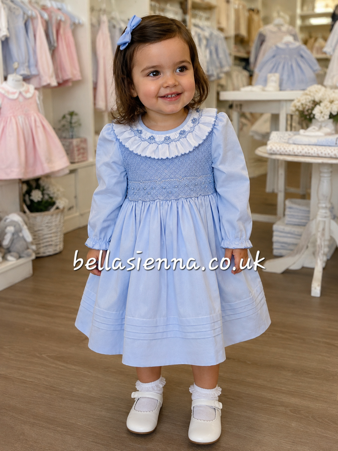 Sarah Louise Girl Hand Smocked & Embroidered Blue & White  Dress - 013929
