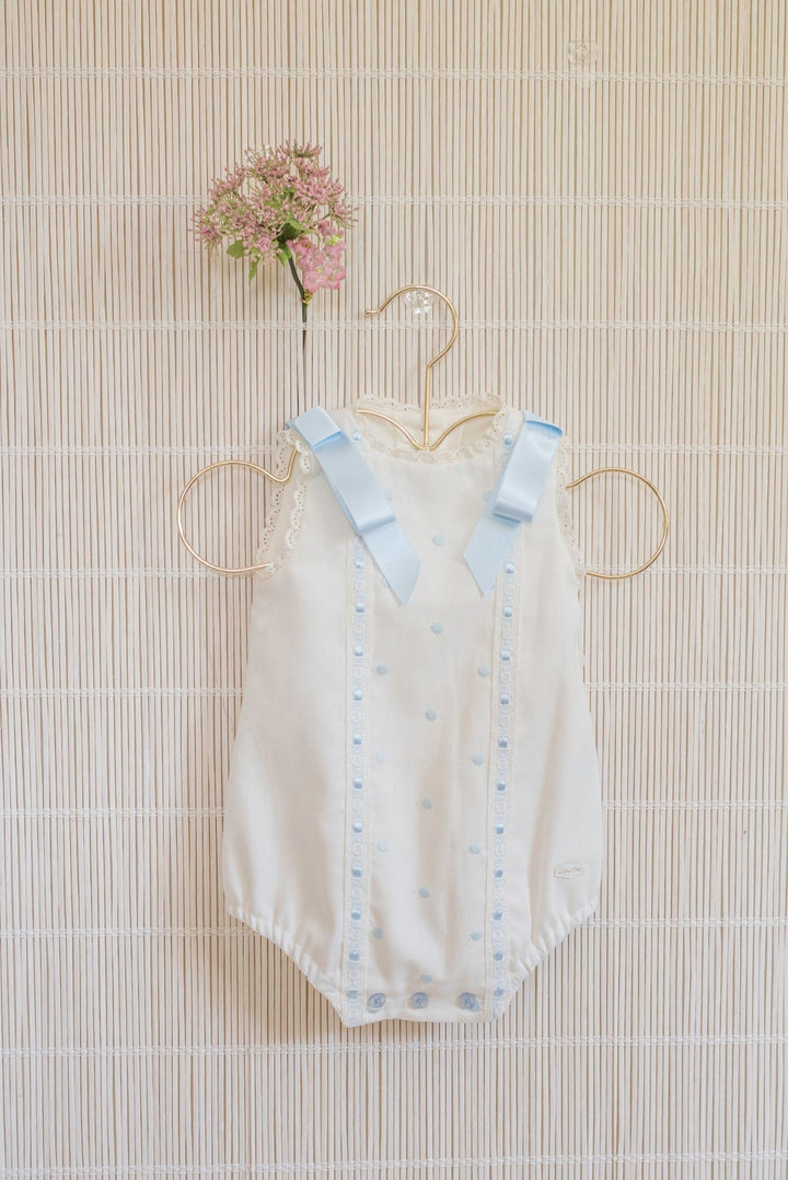 Dolce Petit Unisex Ivory & Blue Smocked Romper With Bows - 2013