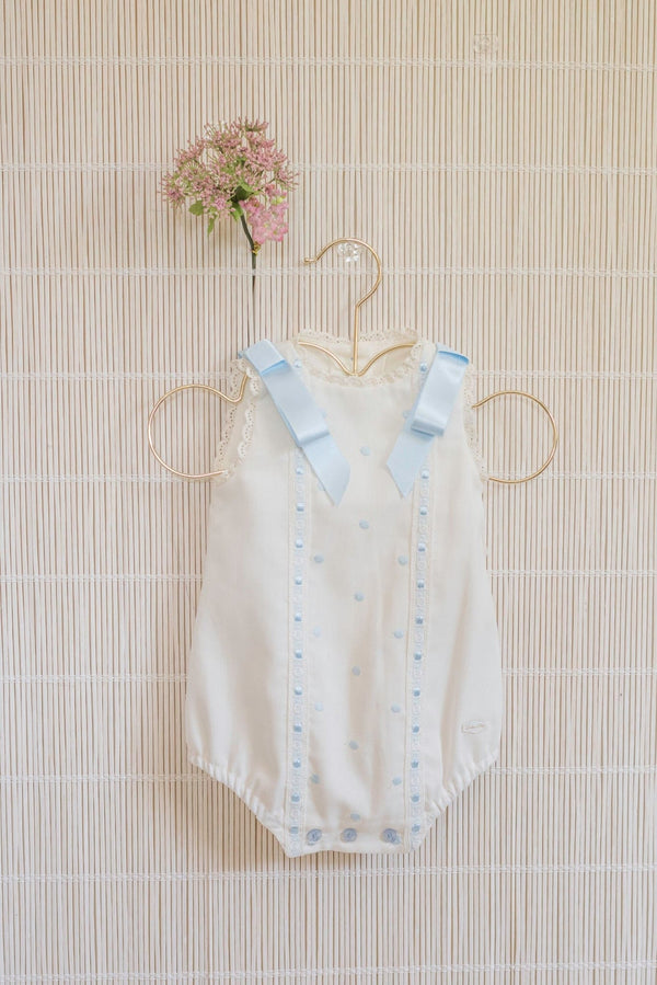 Dolce Petit Unisex Ivory & Blue Smocked Romper With Bows - 2013