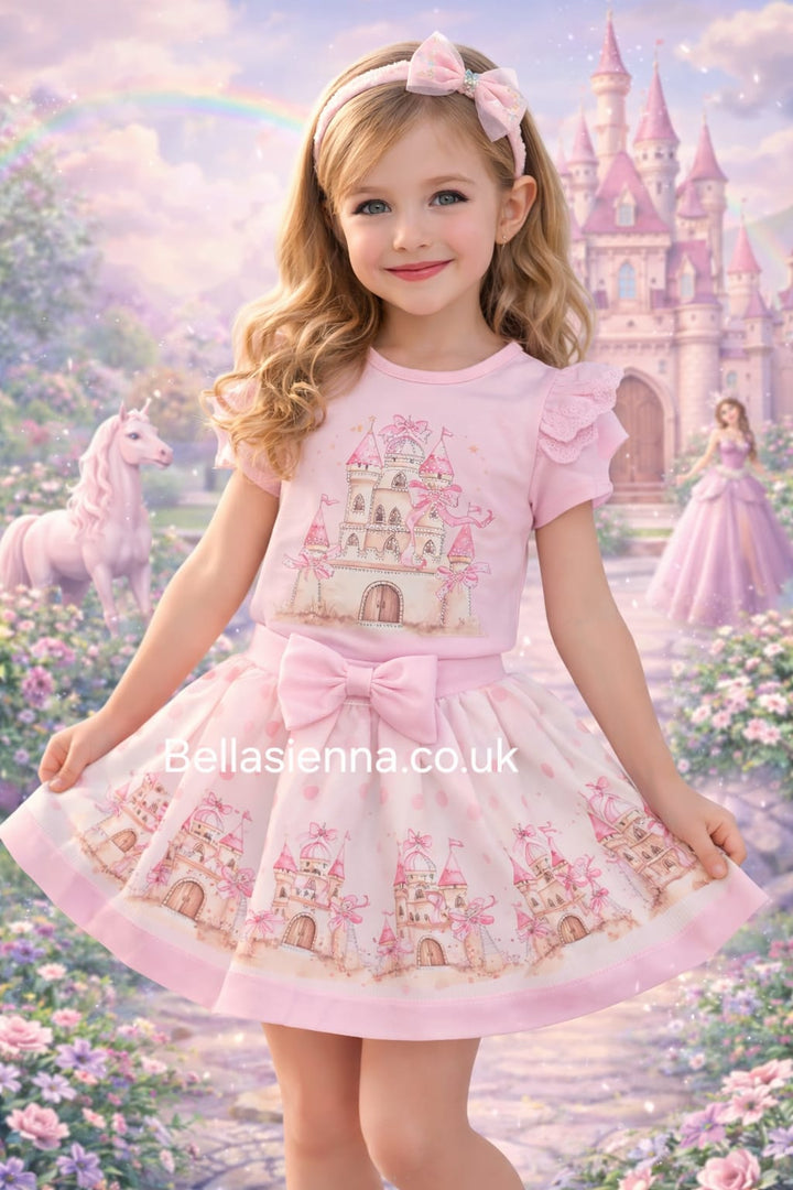 Diamond Stone Girls Pink "Princess Castle" Skirt Set With Matching Headband - YG-30
