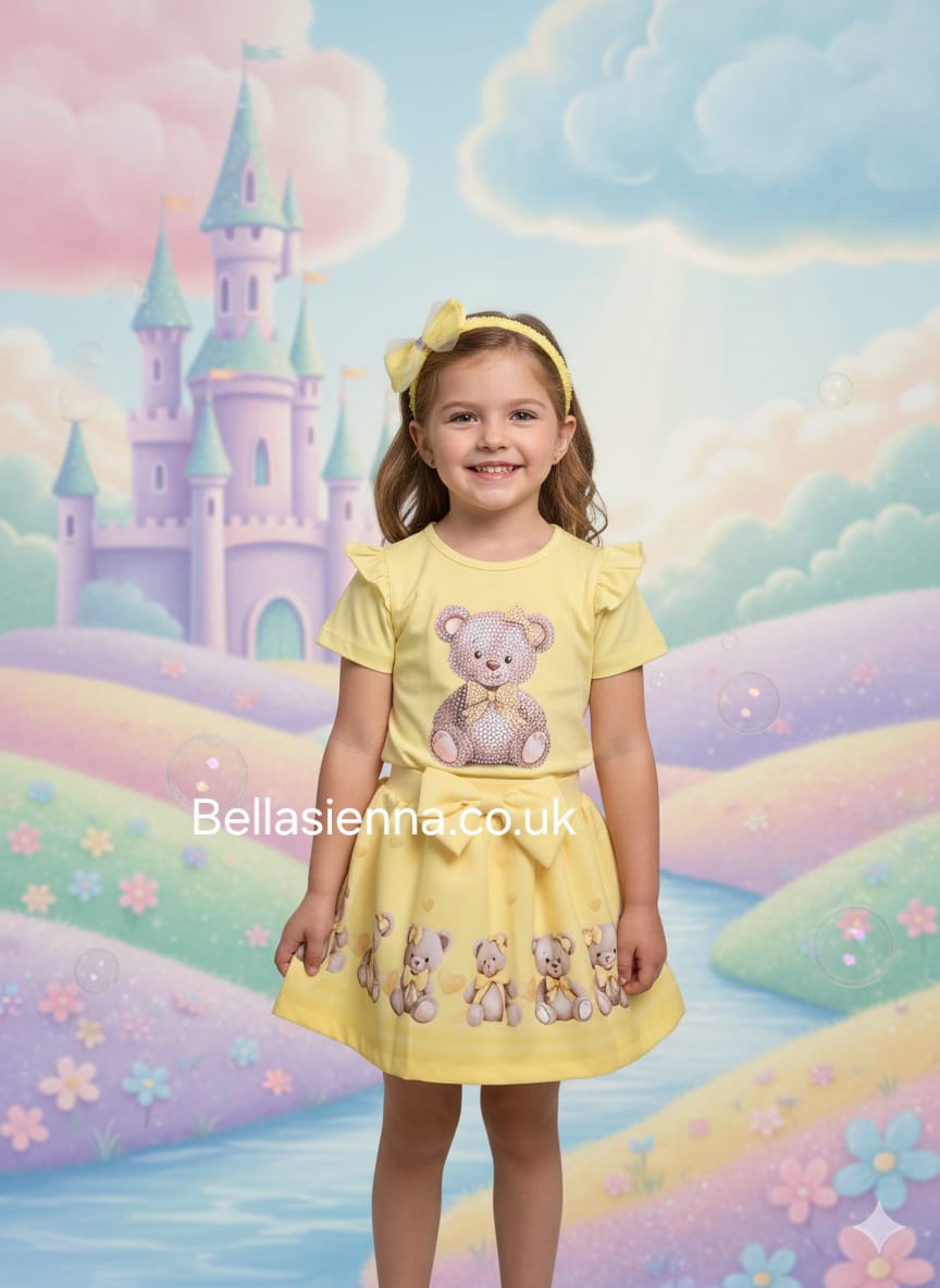 Diamond Stone Girls Yellow/Lemon "Teddy Bear" Skirt Set With Matching Headband - YG-33