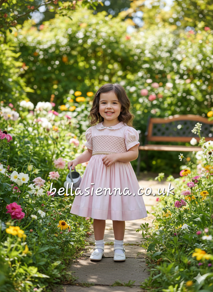 Luxury "Bella Sienna Exclusive" Pink & Beige Front & Back Smocked Dress With Built In Underskirt & Matching Hair Band Or Clip & Pants