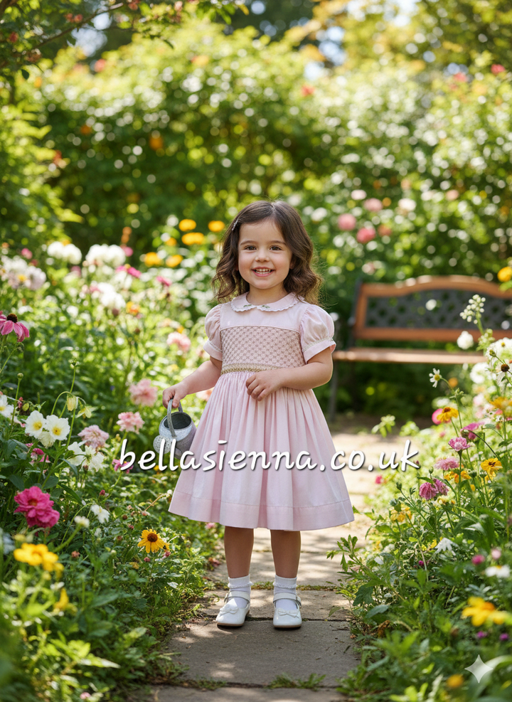 Luxury "Bella Sienna Exclusive" Pink & Beige Front & Back Smocked Dress With Built In Underskirt & Matching Hair Band Or Clip & Pants