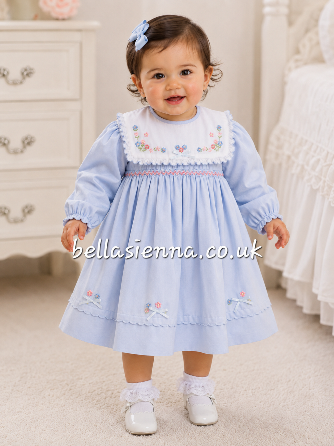 Sarah Louise Girl Hand Smocked & Embroidered Blue, White & Pink  Dress - 013903