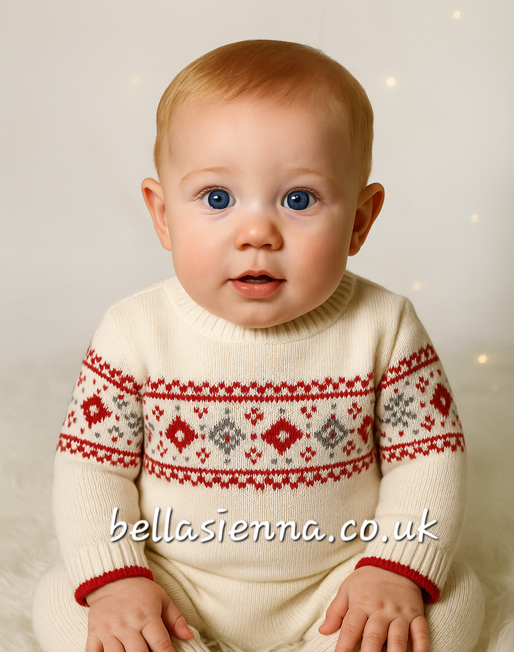 Sarah Louise Boys All In One Knitted Romper - Ivory/Red/Grey - 008220