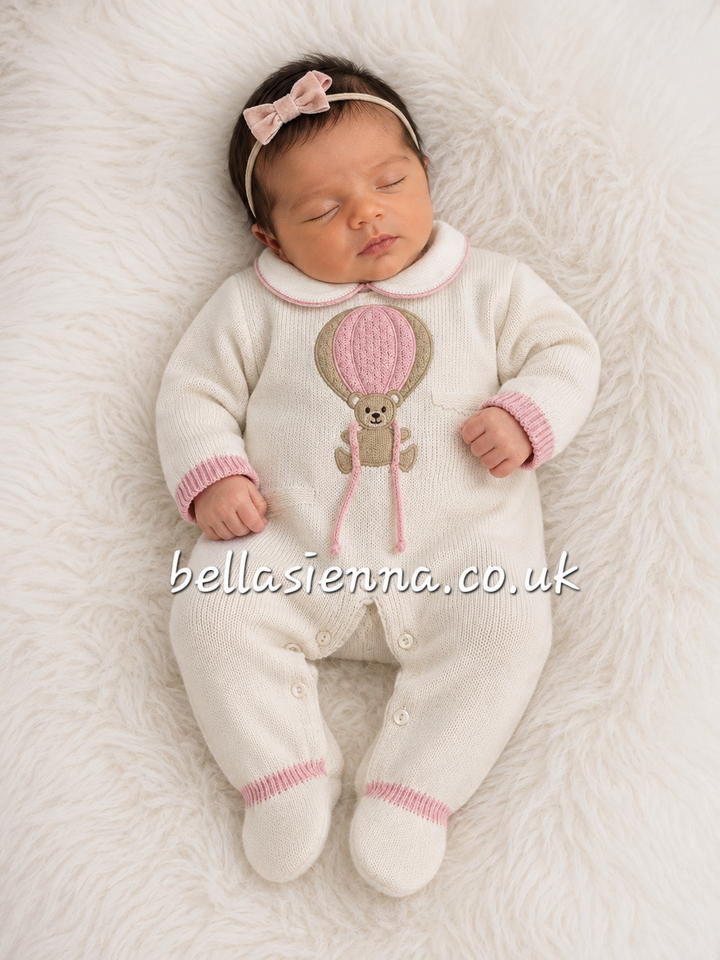 Teddy Bear In Hot Air Balloon All In One Knitted Babygrow Sleepsuit - Pink