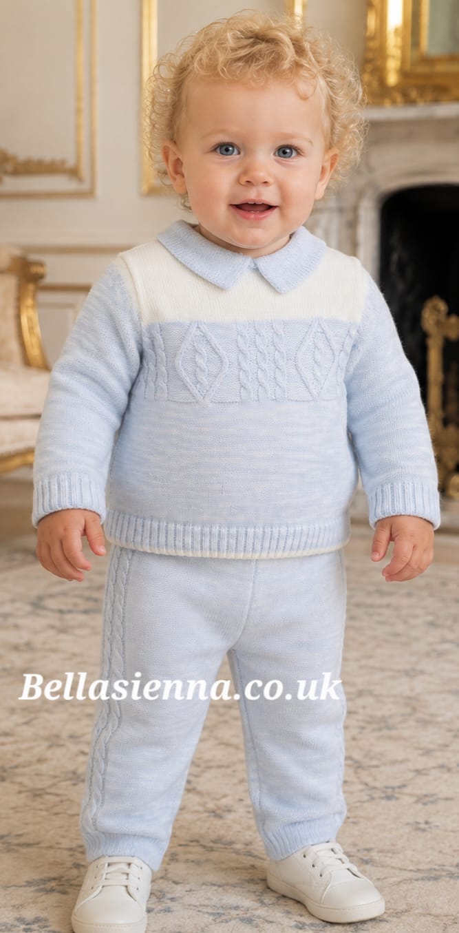 Sarah Louise Boys Winter Ivory & Blue Chunky Knitted Three Piece Set - Jacket & Trouser Set - 008273 & 008276
